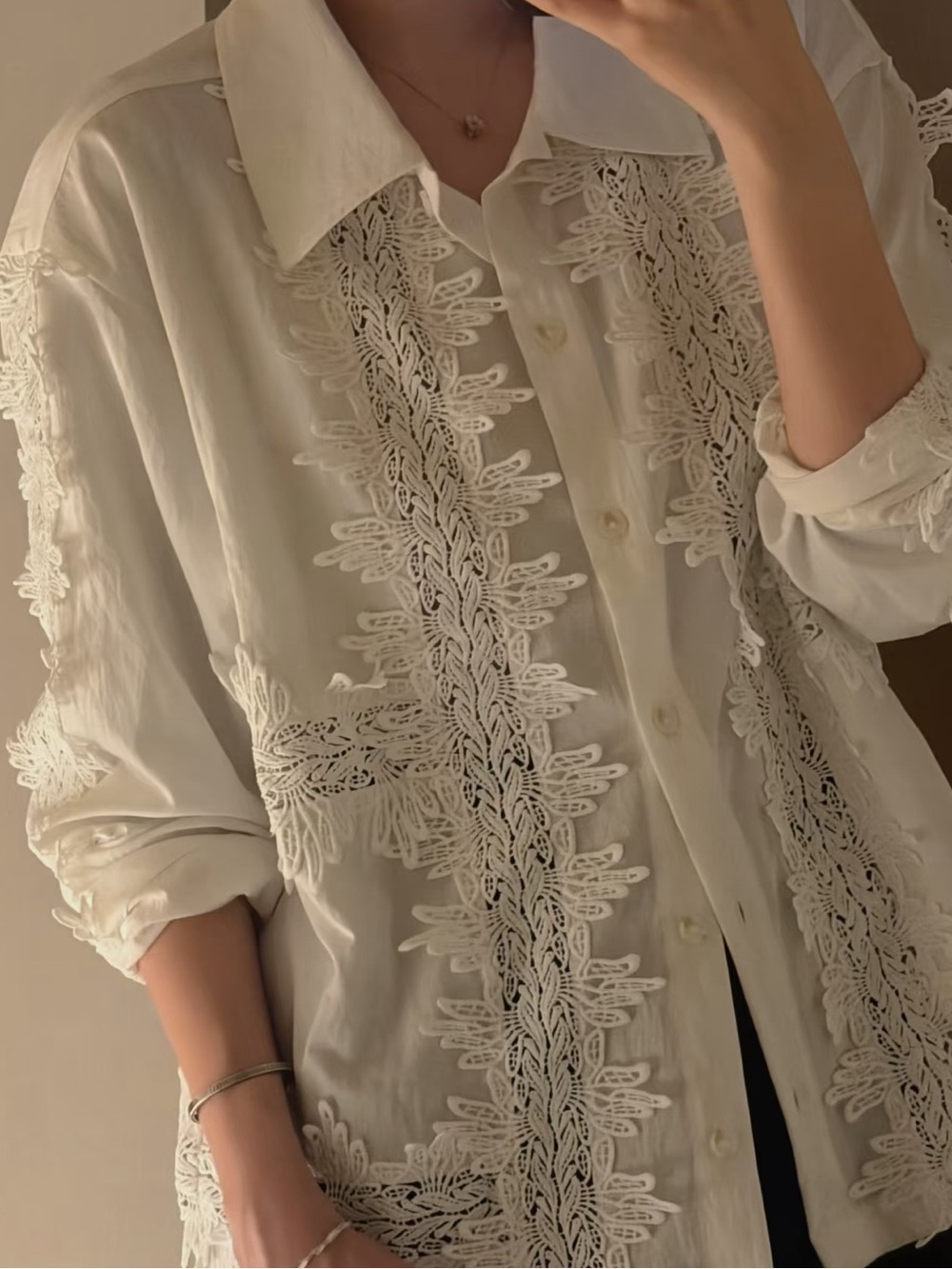 KBF Lace-Trim Button-Up Shirt Women